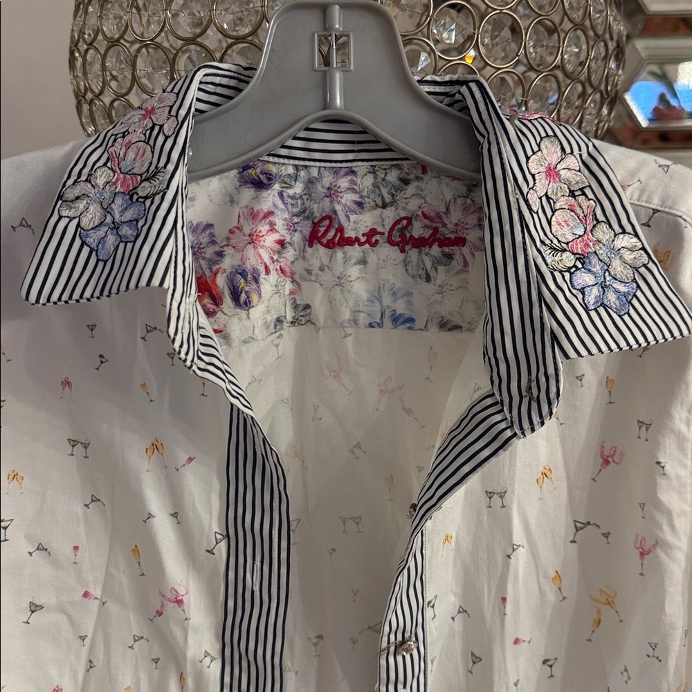 Robert Graham White Shirt with Black Stripes and Floral Accents - Picture 3 of 8